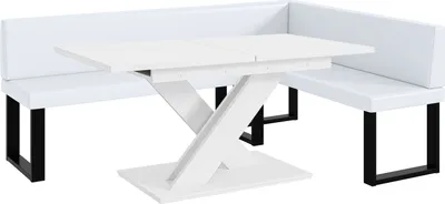 Produktbild von MEBLINI Eckbank für Esszimmer mit ausziehbarem Tisch  - Küchenbank - Essecke - Sitzecke Küche - TONI - U-Beine 142x196x87cm Rechts - Weiß Kunstleder/B Weiß Matt