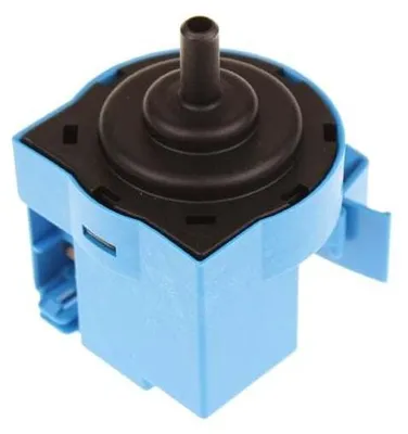 A close-up studio shot of a blue and black pressure switch.