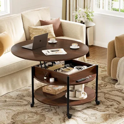 Produktbild von FABATO Runder höhenverstellbarer Couchtisch mit Rädern & Staufach – 26,77 Zoll (ca. 68 cm), 2-stufig, auch als Esstisch nutzbar, in Espresso
