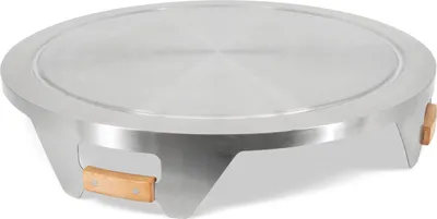 A stainless steel lid with wooden handles for a fire pit.