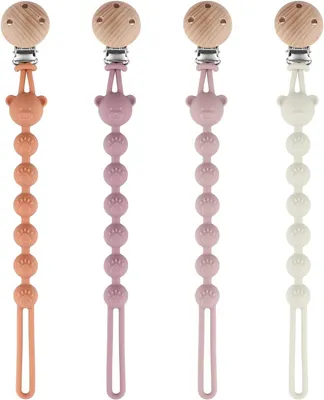 Produktbild von Set von 4 Schnullerhalterungen, Silikon, BPA-frei, Multifunktionale Stillkette, Orange, Lila, Grau, Rosa