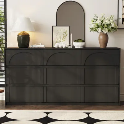 Produktbild von Kommode mit 9 Schubladen, Sideboard mit Geräuscharmen Führungen und Geschwungenen Türen, Griffloses Design, Schwarz, 160 × 80 × 35 cm