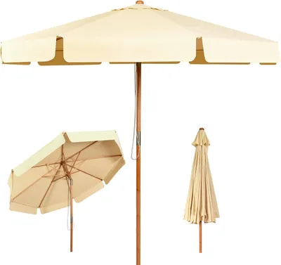 Produktbild von 300 cm Sonnenschirm, Gartenschirm Strandschirm knickbar, Terrassenschirm mit Kordelzug, Schirmstaender & 8 Rippen aus Holz, Marktschirm mit Luftauslass, UV-Schutz (Beige)