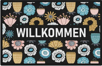 Produktbild von Trendation - Willkommen Fußmatte Grafik Schmutzfangmatte Geschenk Außen Innenbereich 60x40 cm Waschbar Türmatte Blumen Muster