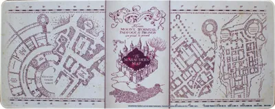 A triptych image of the Marauder's Map from Harry Potter, showing different sections of the map.