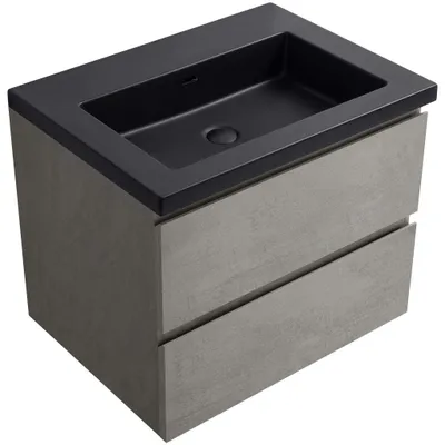 Productafbeelding van Badkamermeubel Carole - betonkleurig grijs + wastafel van gietmarmer Ovo - mat zwart - 60,5x53x46,5 cm
