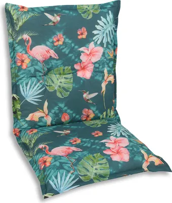 A chair cushion with a tropical print.