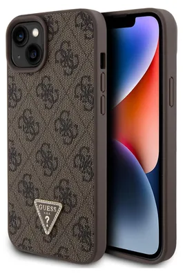 A close-up shot of an iPhone case with a brown and gray patterned design.
