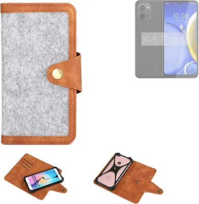 Produktbild von K-S-Trade Handyhülle kompatibel mit HTC Wildfire E Plus Schutzhülle Filz-Hülle Kunst-Leder hellgrau braun (1x)