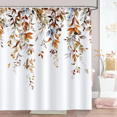 Productafbeelding van Douchegordijn - Anti-schimmel en waterdicht - Badkamer - 180 x 180 cm - Herfstmotief met eucalyptusbladeren in aquarelstijl - Inclusief 12 haken
