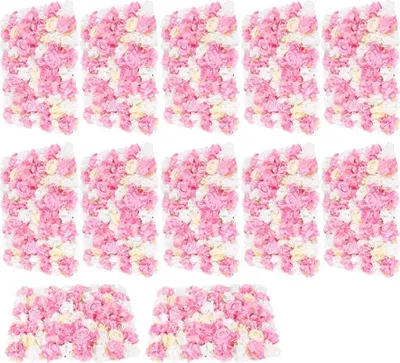 A collection of artificial flower wall panels arranged in a grid.