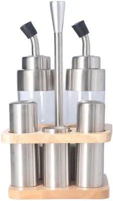 Immagine prodotto di Set di utensili da cucina in vetro e acciaio inossidabile, con rivestimento smaltato, ideale per l'uso a tavola, con manico in legno