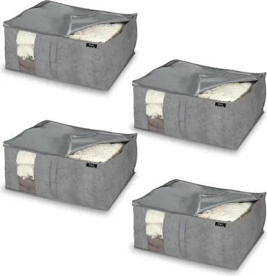 Produktbild von 4x Aufbewahrungstasche für Bettdecken Grau 55x45x25 cm mit Reißverschluss Atmungsaktiv Decken Bettwäsche Aufbewahrungsbox Organizer