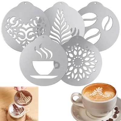 Kaffeeschablonen-Set, 5 Stück, Edelstahl, 9,1 x 8,5 cm