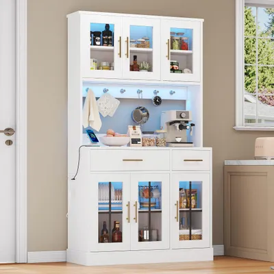 Image de OKWISH Buffet avec 6 Portes et 2 Tiroirs - Étagères Réglables avec Éclairage LED et Prise, Poignées Métal Doré, MDF - Blanc