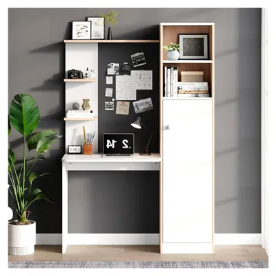 Produktbild von Arbeitstisch mit Stauraum – Weiß mit Holzkontrast, unterer Schrank mit Türen und oberes offenes Regal, Büro-Design, 123,5x45x168,5 cm