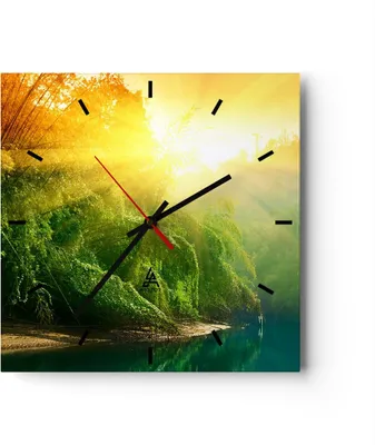 Produktbild von Wanduhr - Quadrat - Glasuhr - Tropen Bäume Fluss - 40x40cm - Schleichendes Uhrwerk - Lautlos - zum Aufhängen bereit - Dekoration Modern - Wanddekoration aus Glas - C3AC40x40-0166
