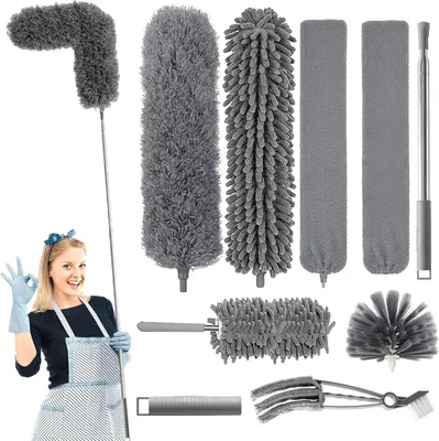 Produktbild von Staubwedel Set 9-teilig, Teleskopstange bis 2 m, biegsam, waschbar, für Reinigung