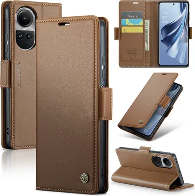 Obrázek produktu pro Oppo Reno10 Pouzdro, RFID Blokování Karet, Pokročilé Flip Kožené Pouzdro s Funkcí Stojánku pro Oppo Reno10 / Reno10 Pro Hnědý
