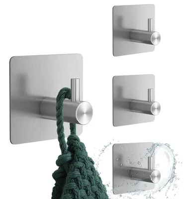 Image de Porte-serviettes sans perçage, couleur argent, lot de 4 crochets autocollants ultra-résistants, crochets muraux en acier inoxydable résistants à l'eau, autocollants pour la salle de bains, les toilettes et la cuisine
