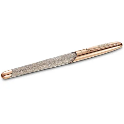 A rose gold pen with a glitter-covered barrel, shown on a white background.