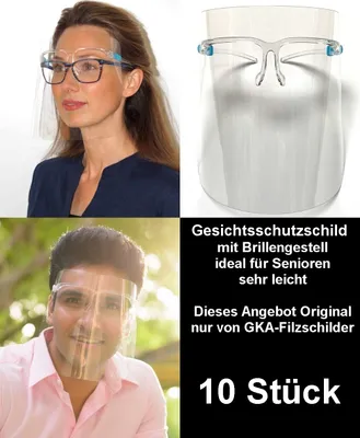 Produktbild von GKA 10 Stück Visier Schutzbrille Gesichtsschutz mit Brillengestell Brille sehr leicht ideal für Senioren und Brillenträger für Handel Büro Friseur Privat