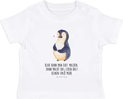 Produktbild von Mr. & Mrs. Panda  T-Shirt Pinguin Diät 12. - 18. Monat - Weiß - Geschenk, Babyshirt, Organic Baby, Motivation, Abnehmen, glücklich, Kurzarmshirt, Oberteil