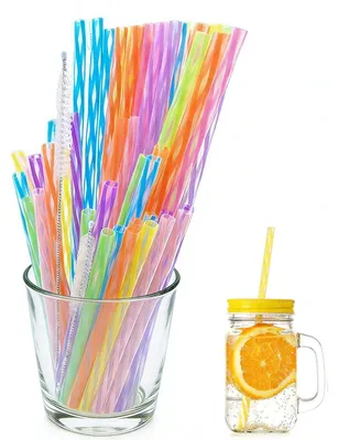 Produktbild von 60 Stück Wiederverwendbare Plastikstrohhalme mit 2 Bürsten, 2 Größen, Bunt