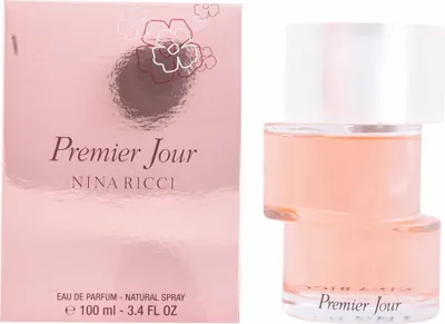 A box of Nina Ricci Premier Jour perfume is shown next to the perfume bottle.
