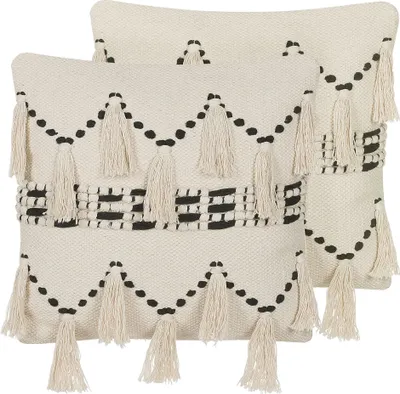 Obrázek produktu pro BELIANI Sada 2 dekorativních polštářů béžová bavlna 45 x 45 cm se strapci boho dekor