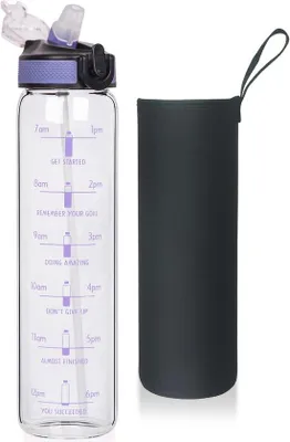 Produktbild von Famanu Glaswasserflasche 1 Liter mit Strohhalm und Zeitmarkierung - Auslaufsicher und BPA-frei für Fitness und Outdoor