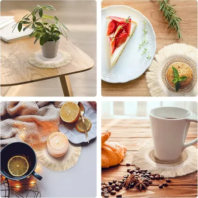 Produktbild von Runde Gewebte Untersetzer - Set von 6 - Rutschfest - Hitzebeständig - Makramee Becherunterlage - Handgemacht - Bohemian Stil - Tischmatte - Zuhause - Tisch - Küche - Büro - Dekoration