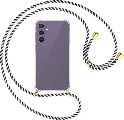 Produktbild von Handykette Backcover-Schutzhülle mit Band (Metall goldfarben) für Samsung Galaxy A25 5G - schwarz/weiß gestreift