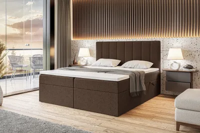 Produktbild von MEBLINI Boxspringbett mit Bettkasten - Gepolstert Doppelbett mit Matratze und Topper - Polsterbett mit Stauraum - Bett mit Kopfteil - Stauraumbett - ERLING - 140x200 - H3/Braun Webstoff