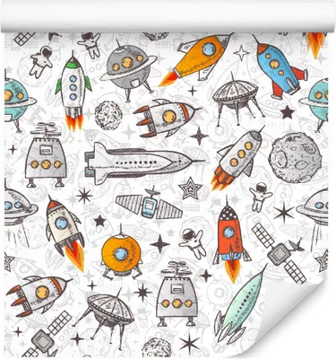 Zdjęcie produktu dla Tapeta W Rolce RAKIETY Satelity Astronauci Szkic Ozdoba scienna 3D