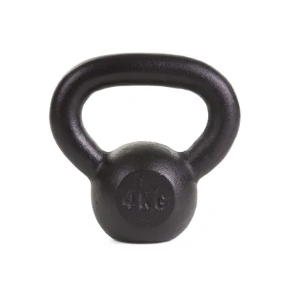 A black kettlebell is shown against a white background.
