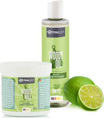 Produktbild von Mahlzeit Holzpflege Set WOODY WAX aus Bienenwachs + WOODY OIL für Schneidebretter, Limettenduft
