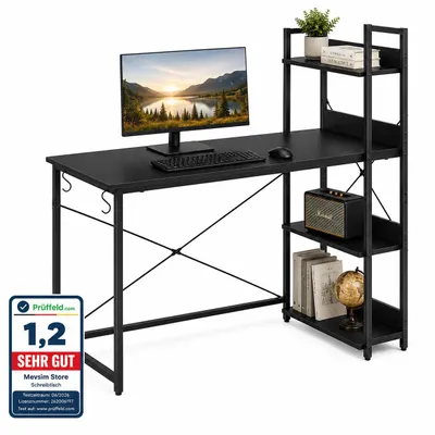 Produktbild von Lina® Computertisch, im Industrie Design, aus Holz, 120x60x75cm, Bürotisch, Holz + Regal Schreibtisch, für Wohnzimmer, Büro mit 3 ablagen - Schwarz