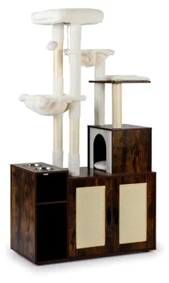 Produktbild von Kratzbaum mit Katzenklo-Schrank und Höhle, Katzenschrank mit Plattformen, Kratzmatten, 2 Aufbewahrungsfächern, 2 Hängematten und 2 Futternäpfen