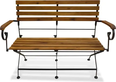 A wooden and metal garden bench is shown against a white background.