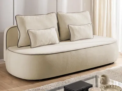 Produktbild von Vero - Modernes und abgerundetes 3-Sitzer-Schlafsofa mit Bettkasten aus Beige Plüschstoff mit tauper Paspel