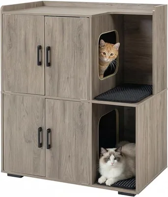 Produktbild von Katzenklo Schrank für 2 Katzen, Katzentoilette Schrank Zweistöckiger, Katzenklo Haus, Katzenhöhle Holz, mit Zwei Katzenstreu-Matten, 80 x 46.5 x 91.5 cm, Greige