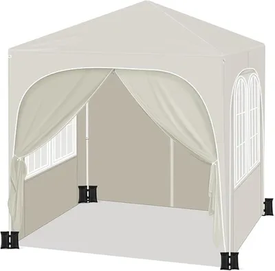 Produktbild von Pop up Pavillon 2x2m mit 4 Seitenteilen und 4 Sandsäcke Beige | UPF 50+ UV Schutz, wasserdicht, höhenverstellbar, windstabil, Halbmonddach, Garten