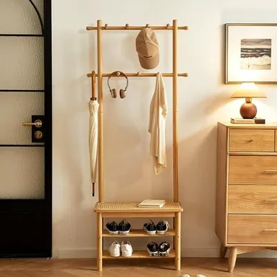 Imagen del producto de Banco para zapatos con asiento, banco para recibidor con estante para zapatos y espacio de almacenamiento, banco de madera