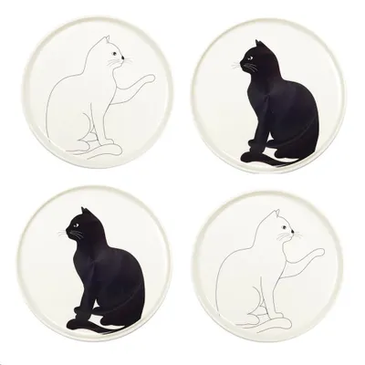 Produktbild von Dessertteller mit schwarz-weißer Katze – 4er-Set