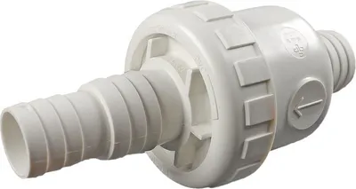A white PVC check valve with hose barb fittings on both ends, isolated on a white background.