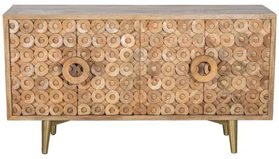 Dressoir mit 4 Holztüren, Metallbeinen, 152x45x83 cm, Natur/Gold