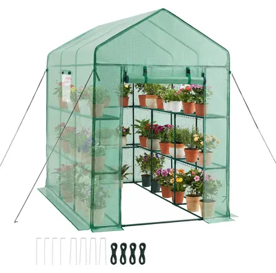 Obrázek produktu pro Skleník SucceBuy 137 x 206 x 196 cm, fóliový skleník s okny, PE kryt, 2 patra, 14 polic, rolovací dveře na zip, skleník pro zahradu a pěstování rostlin