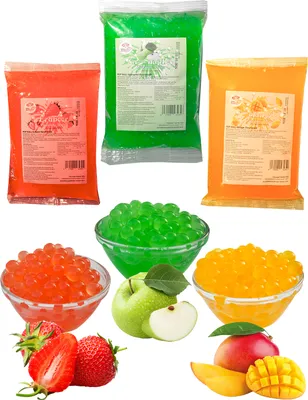 Produktbild von Bubble Tea Popping Boba Mix - 3 x 600g Erdbeer+Mango+Grünapfel Boba Fruchtperlen - Natur&Vegan&Glutenfrei Perlen - Aktion: 1 Gratis 600g Packung