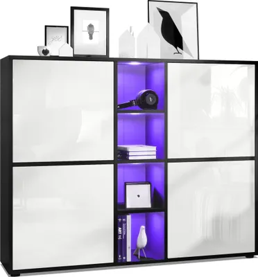 Produktbild von Vladon Highboard Cuba V3,  Germany, Schwarz matt/Weiß Hochglanz inkl. LED - Moderne Anrichte mit 12 Fächern (130,5 x 105,5 x 35,5 cm)